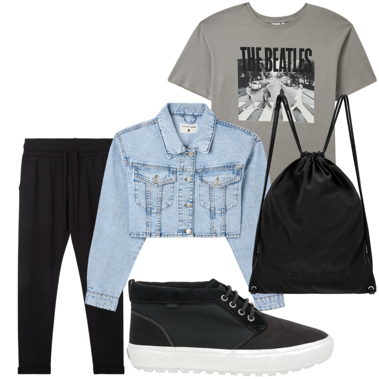 Outfit donna - Casual day. Stile Casual per Tutti i giorni. Abbinamento con sneakers alte, blazer, pantaloni, t-shirt, zaini.