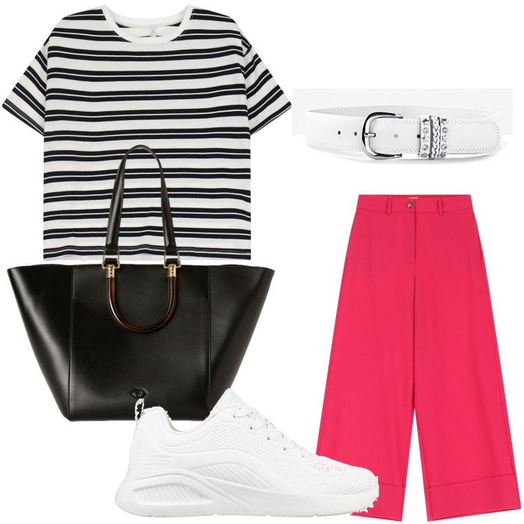 Outfit donna - Righe orizzontali. Stile Casual per Tutti i giorni. Abbinamento con cinture, t-shirt, pantaloni a palazzo, sneakers, shopping bag.
