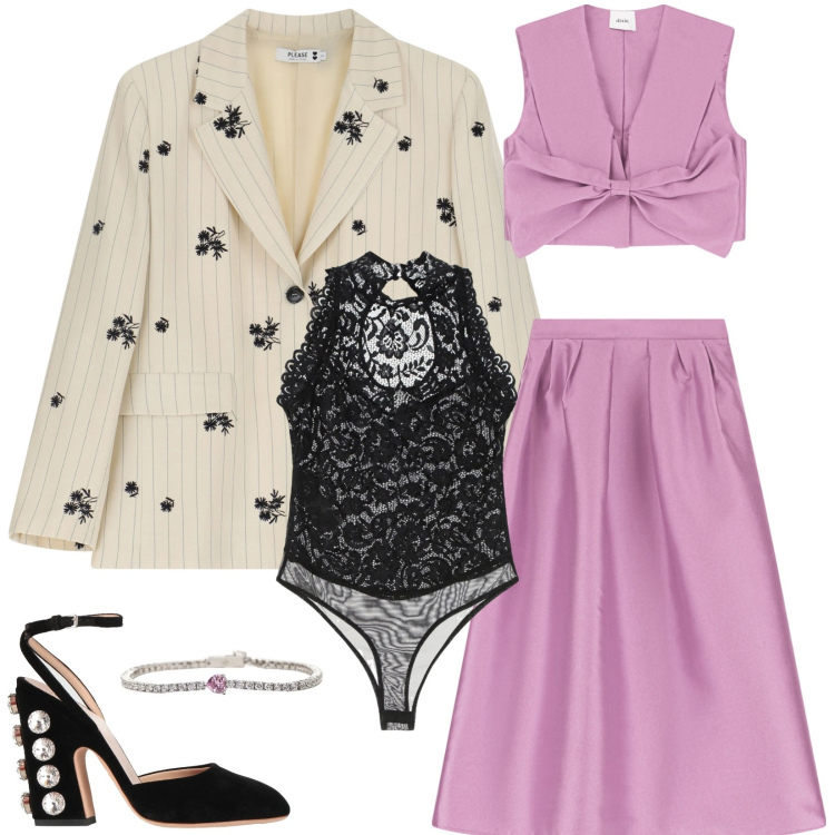 Outfit donna - Chic a strati. Stile Chic per Serata fuori. Abbinamento con décolleté, braccialetti, blazer, body, gonne.