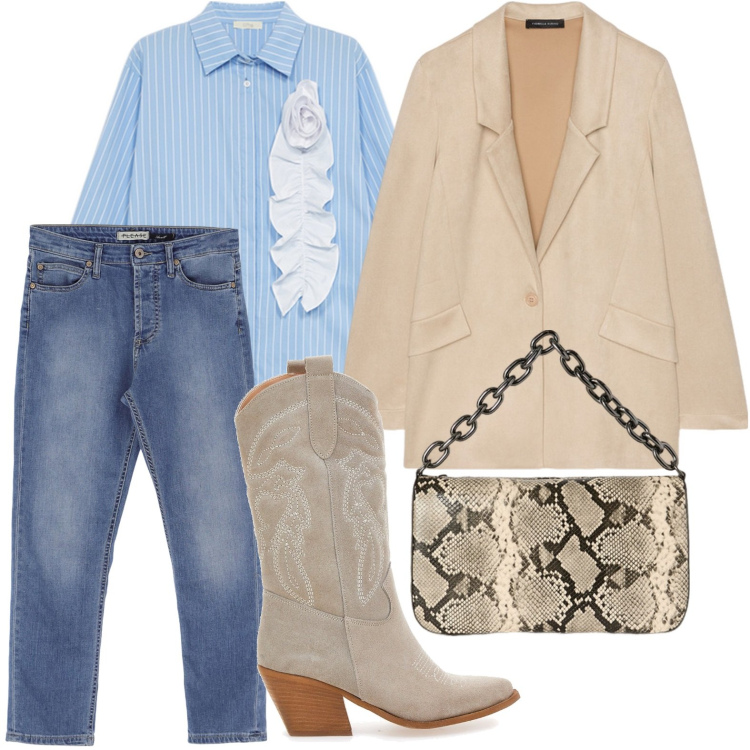 Outfit donna - Camperos style. Stile Basic per Tutti i giorni. Abbinamento con jeans, stivaletti texani, blazer, borse a tracolla, camicie.