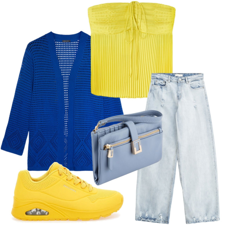 Outfit donna - Un tocco di giallo. Stile Casual per Scuola/Università. Abbinamento con jeans, sneakers, cardigans, portafogli, top.