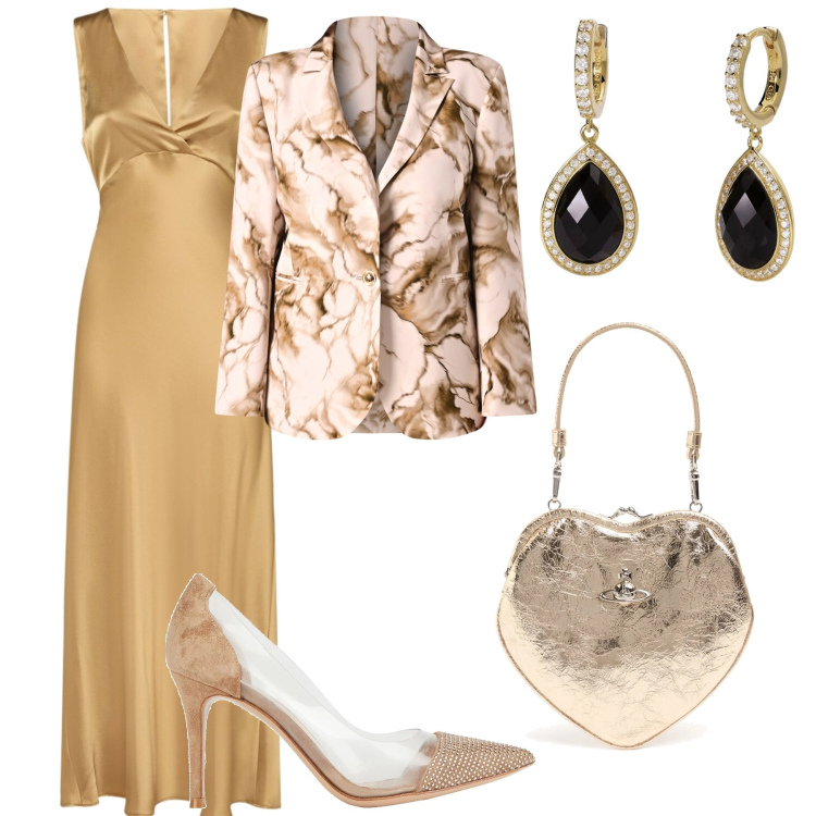 Outfit donna - Matrimonio in oro. Stile Glamour per Cerimonia. Abbinamento con décolleté, orecchini, blazer, vestiti, pochette.