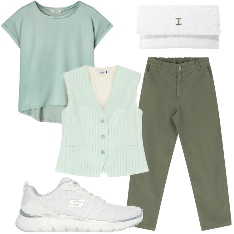 Outfit donna - Gilet in vista. Stile Casual per Tutti i giorni. Abbinamento con gilet, borse a tracolla, pantaloni, sneakers, t-shirt.