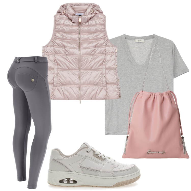 Outfit donna - Sport glam. Stile Sporty chic per Tutti i giorni. Abbinamento con borse a secchiello, pantaloni skinny, t-shirt, sneakers, piumini.