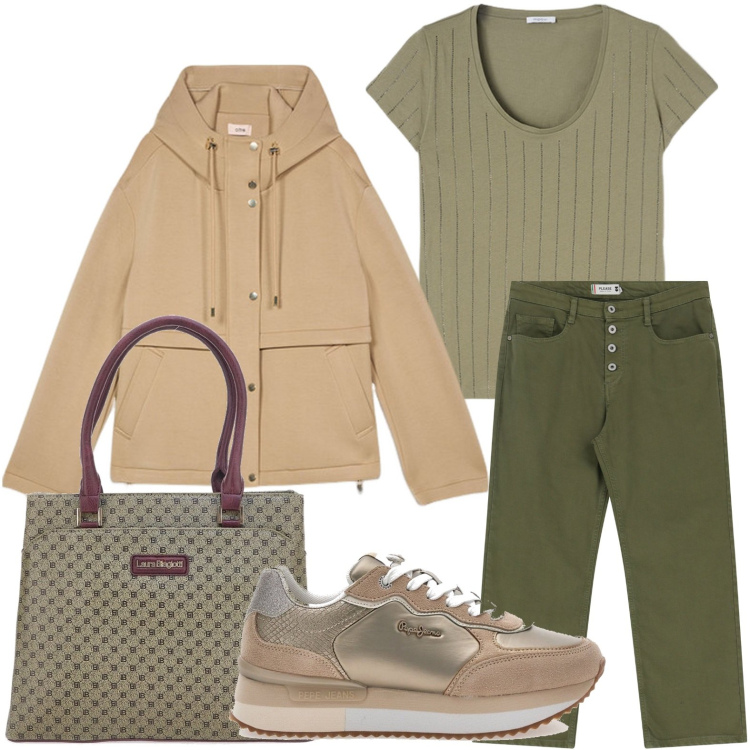 Outfit donna - Dinamica e trendy. Stile Trendy per Scuola/Università. Abbinamento con pantaloni, sneakers, blazer, t-shirt, borse a spalla.