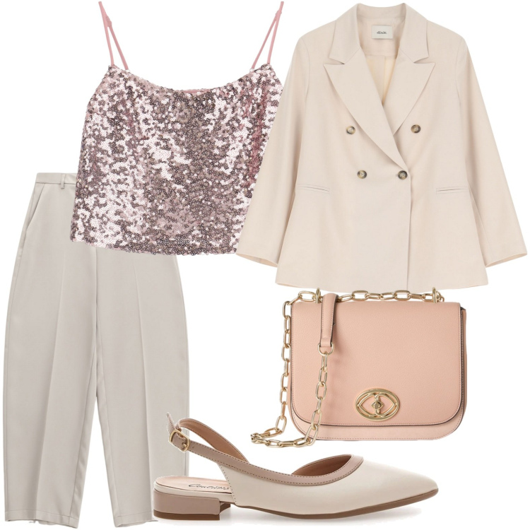 Outfit donna - Il top luminoso. Stile Romantica per Tutti i giorni. Abbinamento con top, pantaloni, blazer, ballerine, borse a tracolla.