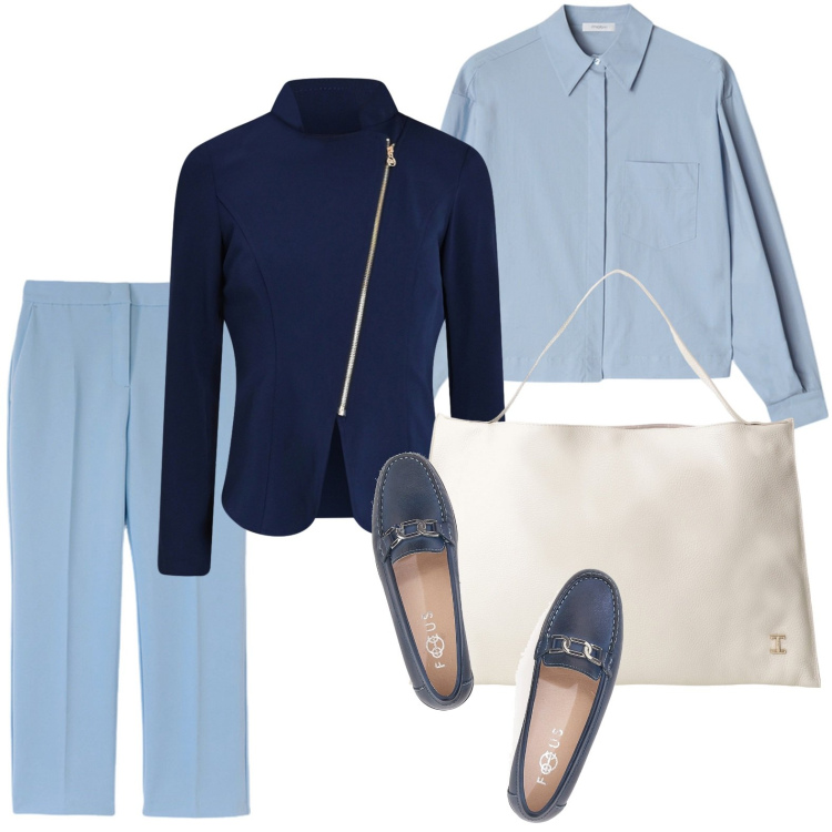 Outfit donna - Giacca blu navy. Stile Bon Ton per Ufficio. Abbinamento con blazer, borse a spalla, mocassini, pantaloni, camicie.