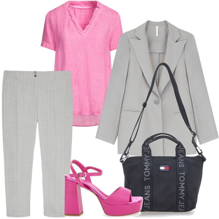 Outfit donna - Il rosa è chic. Stile Chic per Tutti i giorni. Abbinamento con top, blazer, sandali col tacco, borse a tracolla, pantaloni.