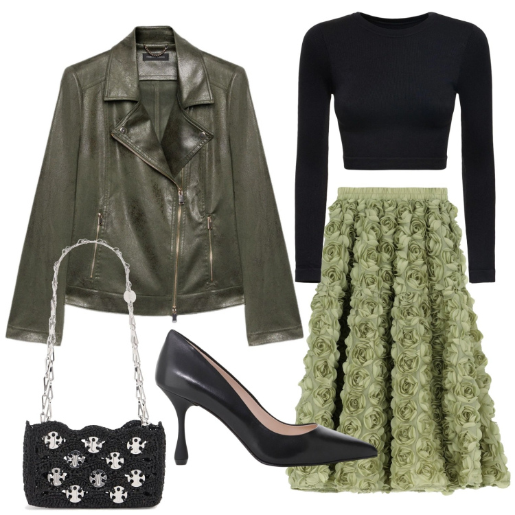 Outfit donna - La giacca verde oliva. Stile Chic per Serata fuori. Abbinamento con décolleté, gonne, blazer, top, borse a spalla.