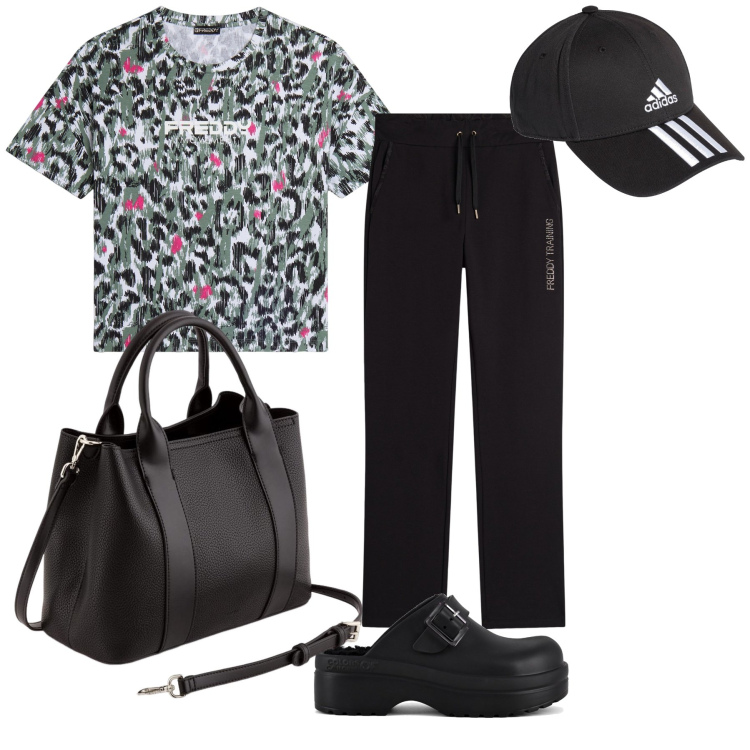 Outfit donna - Tempo libero festivo. Stile Trendy per Tutti i giorni. Abbinamento con t-shirt, pantaloni, sandali, cappelli, borse a mano.