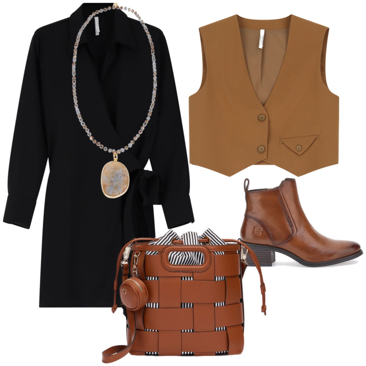 Outfit donna - Domenica al ristorante. Stile Urban per Tutti i giorni. Abbinamento con gilet, vestiti corti, stivaletti, borse a secchiello, ciondoli.