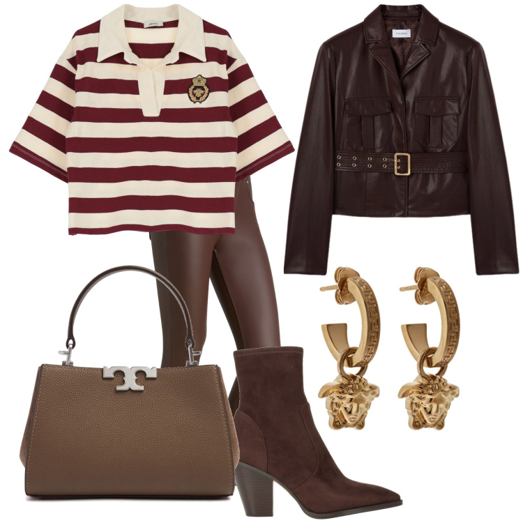 Outfit donna - Cioccolato. Stile Trendy per Tutti i giorni. Abbinamento con stivaletti texani, pantaloni skinny, t-shirt, blazer, orecchini, borse a mano.