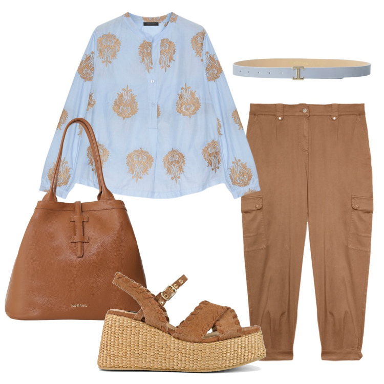 Outfit donna - Camicetta per la primavera. Stile Casual per Tutti i giorni. Abbinamento con borse tote, cinture, zeppe, bluse, pantaloni cargo.