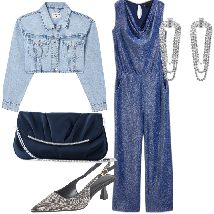 Outfit donna - Giubbino portato da sera. Stile Trendy per Serata fuori. Abbinamento con pochette, tute, orecchini, décolleté, blazer.