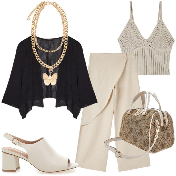 Outfit donna - Una fresca sera d\'estate. Stile Chic per Serata fuori. Abbinamento con pantaloni, top, sandali col tacco, bolero, borse a mano, collane.
