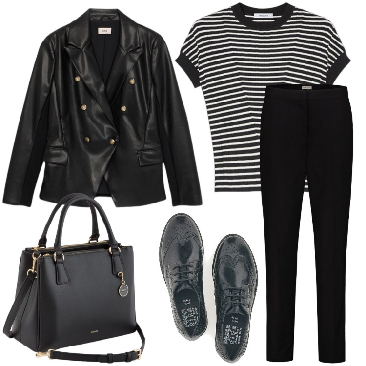 Outfit donna - Total black in ufficio. Stile Urban per Ufficio. Abbinamento con pantaloni, scarpe stringate, blazer, maglieria, borse a mano.