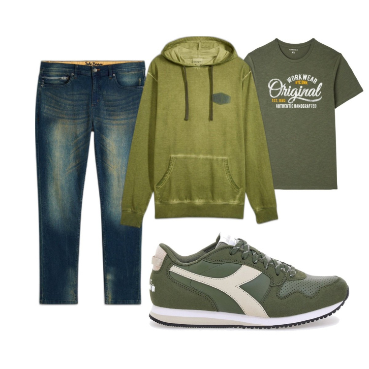 Outfit uomo - Total look #2100760. Stile Casual per Tutti i giorni. Abbinamento con jeans slim fit, felpe con cappuccio, t-shirt, sneakers.