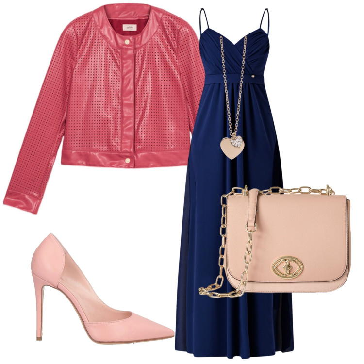 Outfit donna - Romanticismo in rosa. Stile Romantica per Serata fuori. Abbinamento con décolleté, vestiti lunghi, ciondoli, giacche, borse a tracolla.