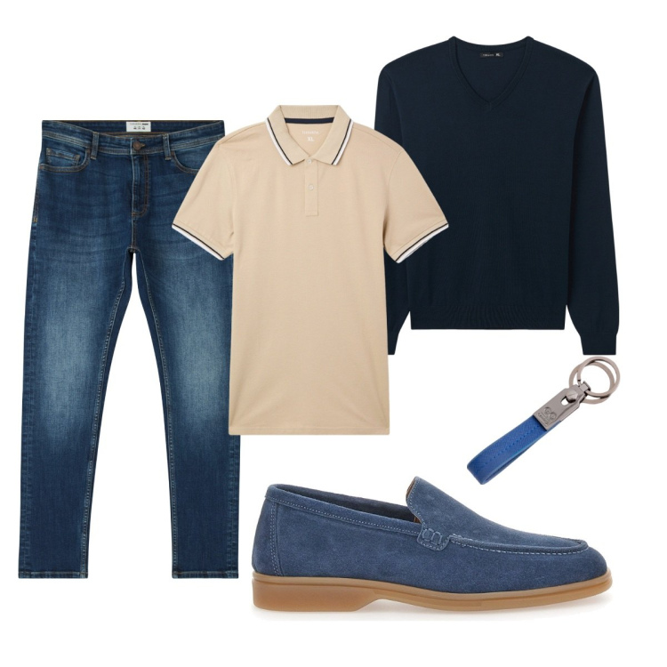 Outfit uomo - Aprile in ufficio. Stile Trendy per Ufficio. Abbinamento con jeans skinny, maglieria, polo, scarpe stringate, portachiavi.