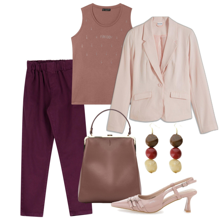 Outfit donna - Tutti frutti. Stile Bon Ton per Tutti i giorni. Abbinamento con blazer, pantaloni chino, orecchini, canottiere, borse a spalla, décolleté.