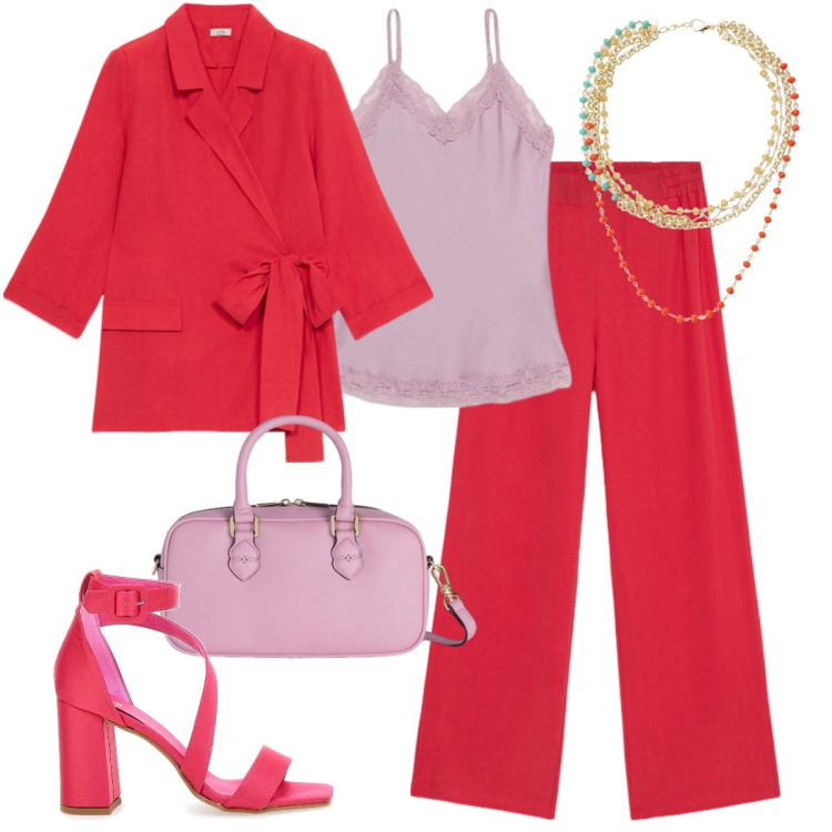 Outfit donna - Total look #2100769. Stile Glamour per Cerimonia. Abbinamento con collane, sandali col tacco, pantaloni a palazzo, blazer, borse a mano, top.
