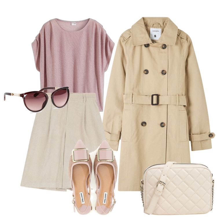 Outfit donna - Pesca e sabbia. Stile Chic per Tutti i giorni. Abbinamento con occhiali da sole, maglieria, trench, borse a tracolla, bermuda, ballerine.