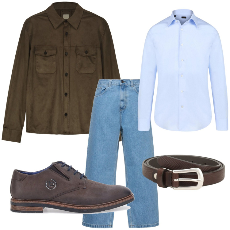Outfit uomo - Eleganza rilassata. Stile Casual per Ufficio. Abbinamento con cinture, scarpe stringate, giacche, camicie, jeans.