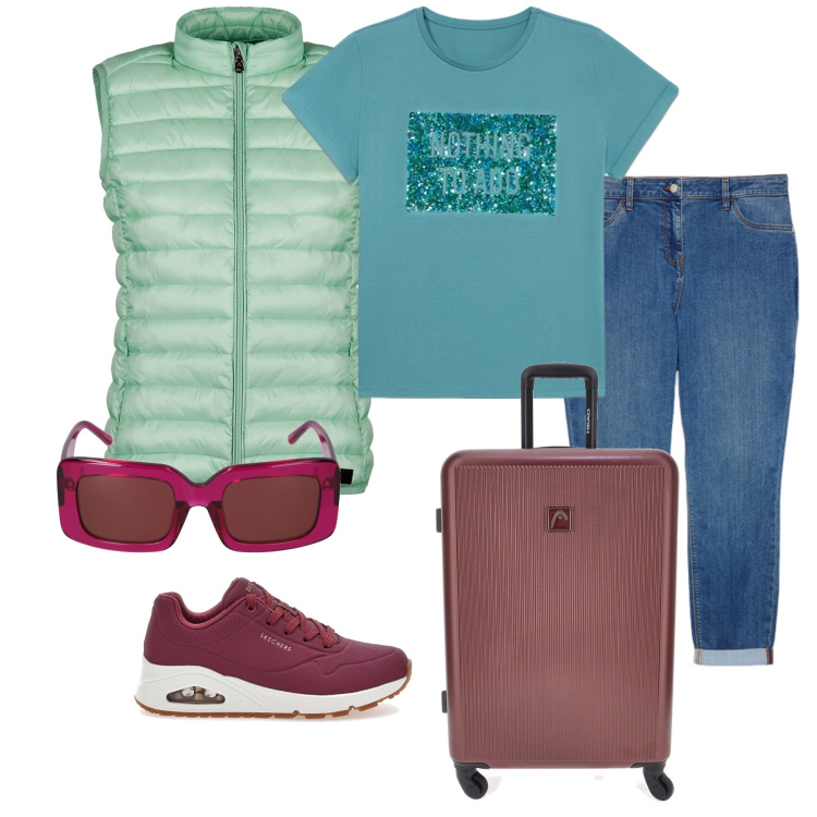 Outfit donna - Bicolor. Stile Casual per Tutti i giorni. Abbinamento con piumini, sneakers, occhiali da sole, jeans, t-shirt, valigie.