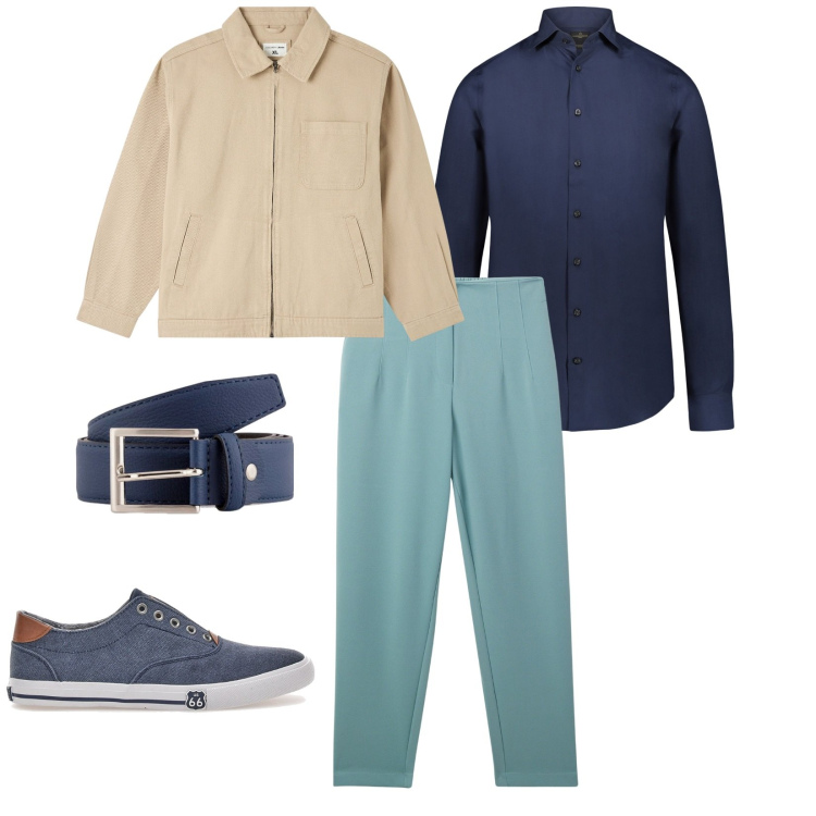 Outfit uomo - A lavoro. per Ufficio. Abbinamento con giacche, pantaloni chino, camicie, sneakers, cinture.