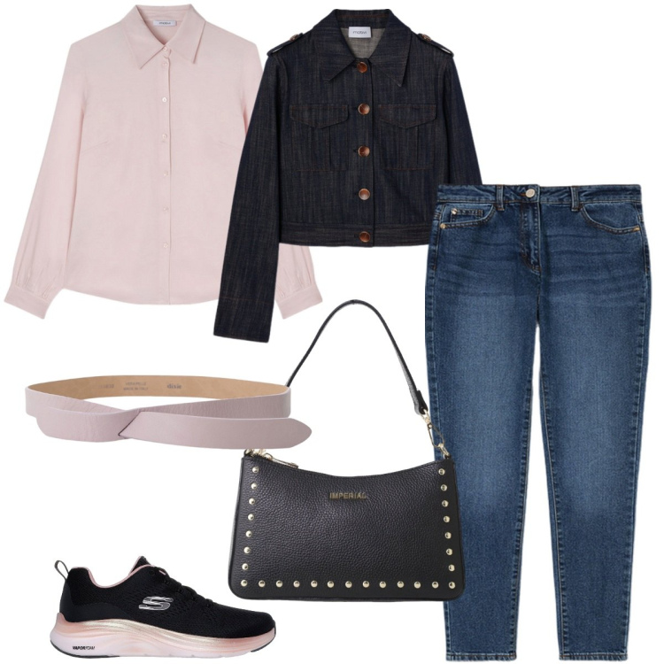 Outfit donna - Jeans e satin rosa. Stile Casual chic per Serata fuori. Abbinamento con borse a spalla, cinture, sneakers, jeans slim fit, blazer, camicie.
