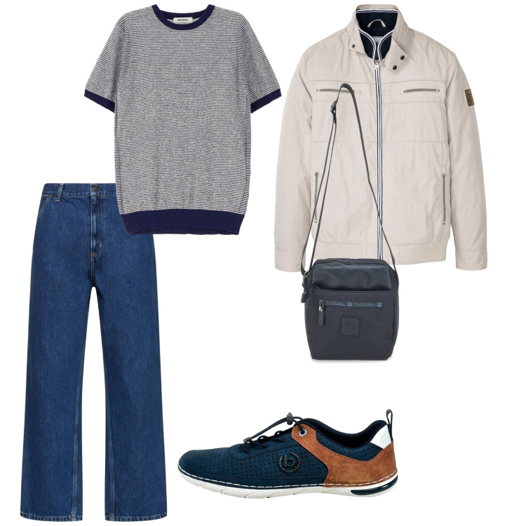 Outfit uomo - Giornata mare. per Mare. Abbinamento con giacche, maglieria, portafogli, scarpe stringate, jeans.