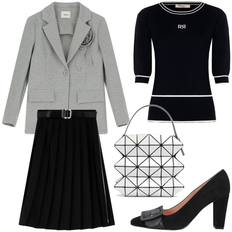 Outfit donna - Urban style. Stile Trendy per Serata fuori. Abbinamento con décolleté, gonne longuette, blazer, t-shirt, borse a mano.