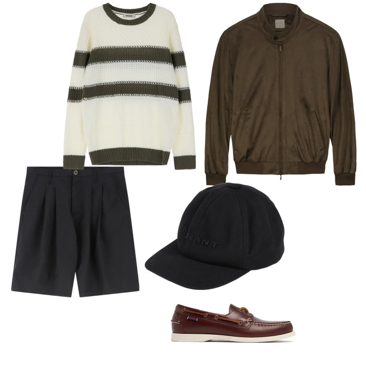 Outfit uomo - Bermuda e giacca leggera. per Mare. Abbinamento con cappelli con visiera, bermuda, maglieria, giacche, scarpe stringate.