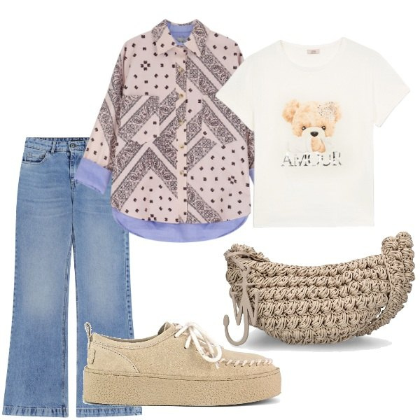 Outfit donna - Passeggiando al parco. Stile Casual per Tutti i giorni. Abbinamento con jeans, blazer, mocassini, borse a spalla, t-shirt.