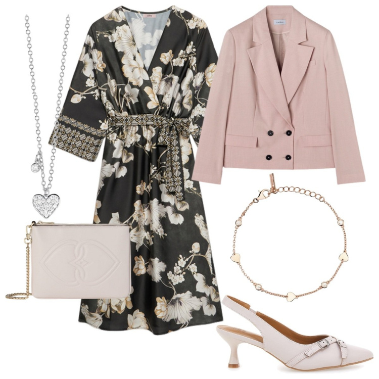 Outfit donna - Il vestito in raso floreale. Stile Romantica per Cerimonia. Abbinamento con collane, braccialetti, décolleté, vestiti midi/longuette, pochette, blazer.