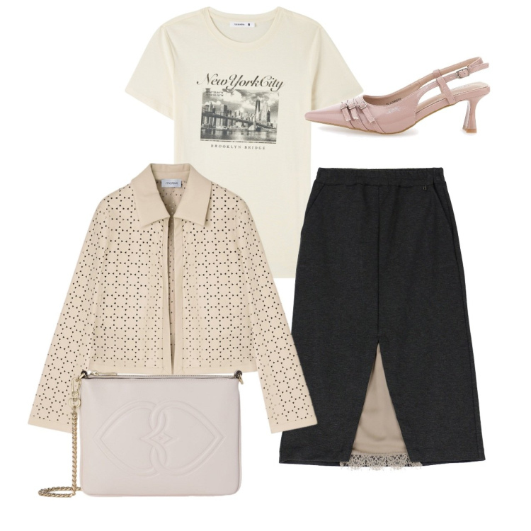 Outfit donna - Tacchi e tshirt. Stile Bon Ton per Tutti i giorni. Abbinamento con t-shirt, gonne, décolleté, blazer, pochette.
