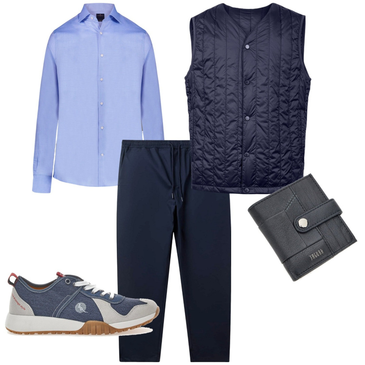 Outfit uomo - Passeggiata lungo mare. per Mare. Abbinamento con pantaloni, camicie, portafogli, sneakers, piumini.