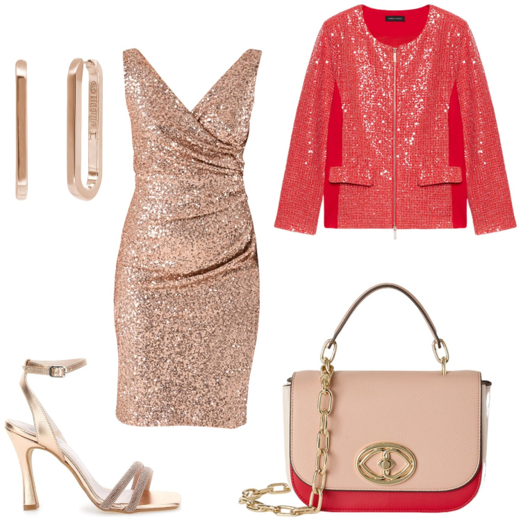 Outfit donna - Anniversario. Stile Chic per Serata fuori. Abbinamento con orecchini, vestiti a tubino, blazer, sandali col tacco, borse a tracolla.