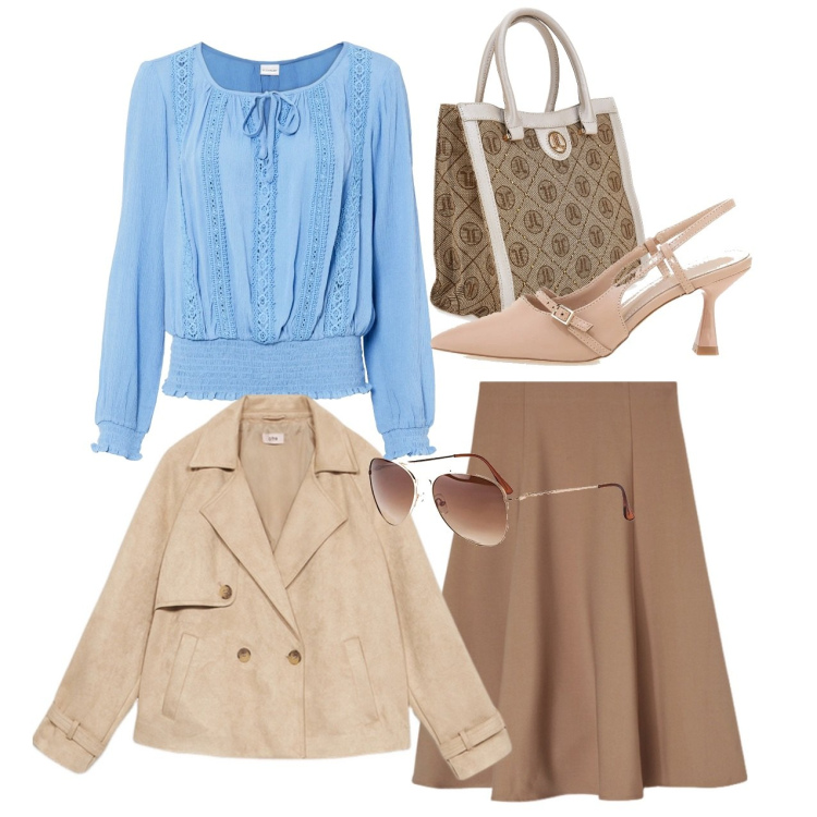 Outfit donna - Rouches azzurre. Stile Bon Ton per Tutti i giorni. Abbinamento con occhiali da sole, bluse, décolleté, trench, borse a spalla, gonne longuette.