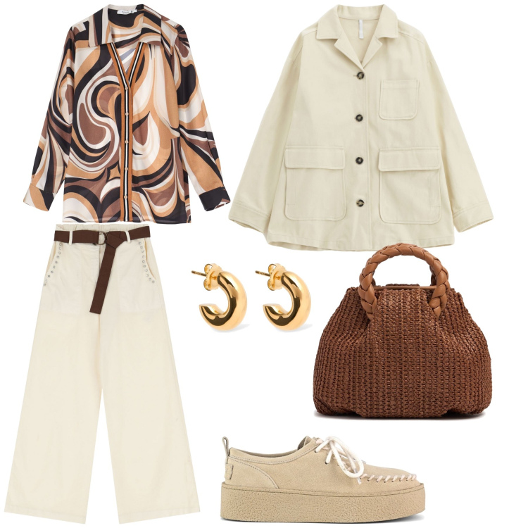 Outfit donna - Urban chic. Stile Casual chic per Tutti i giorni. Abbinamento con camicie, cappotti, pantaloni, mocassini, orecchini, borse a mano.