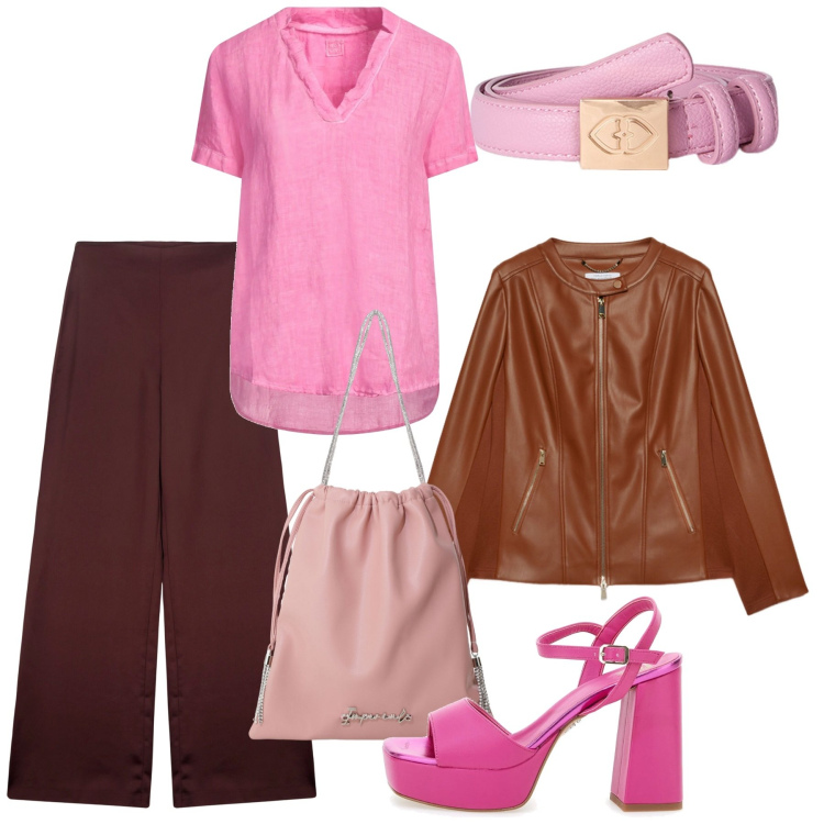 Outfit donna - Rosa chic city. Stile Bon Ton per Tutti i giorni. Abbinamento con top, borse a secchiello, sandali col tacco, blazer, pantaloni a palazzo, cinture.