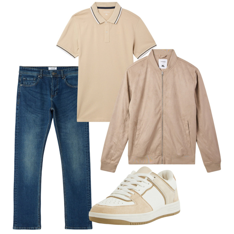 Outfit uomo - Total look. Stile Casual per Tutti i giorni. Abbinamento con sneakers, bomber, jeans dritti, polo.