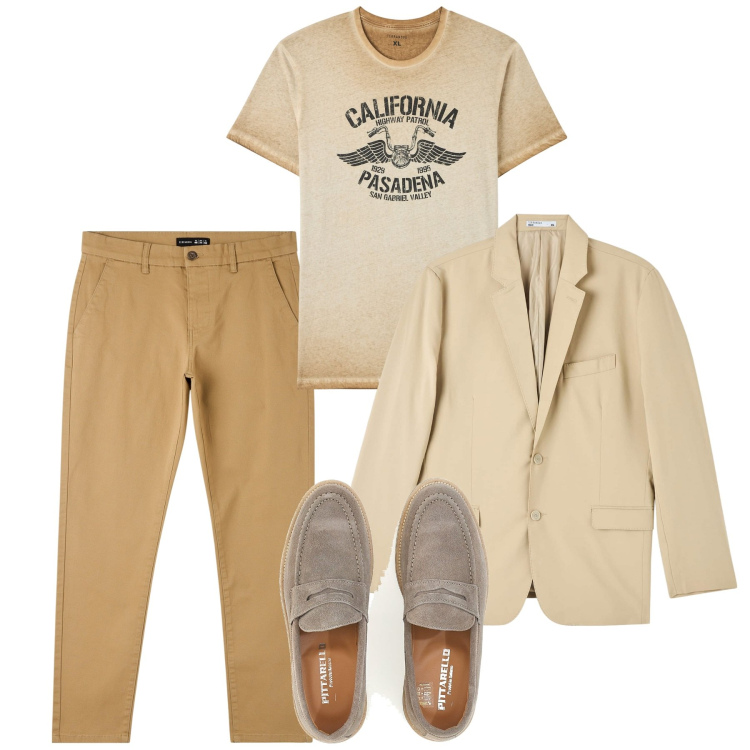 Outfit uomo - Cream. Stile Casual per Tutti i giorni. Abbinamento con pantaloni skinny, giacche, t-shirt, scarpe stringate.
