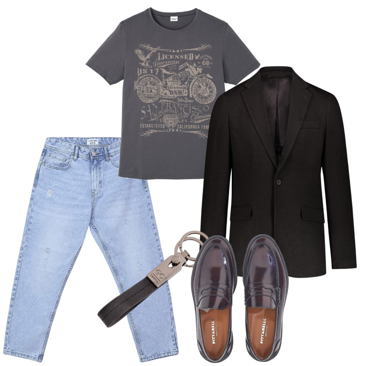 Outfit uomo - Easy day city. Stile Casual per Tutti i giorni. Abbinamento con t-shirt, jeans strappati, giacche, scarpe stringate, portachiavi.