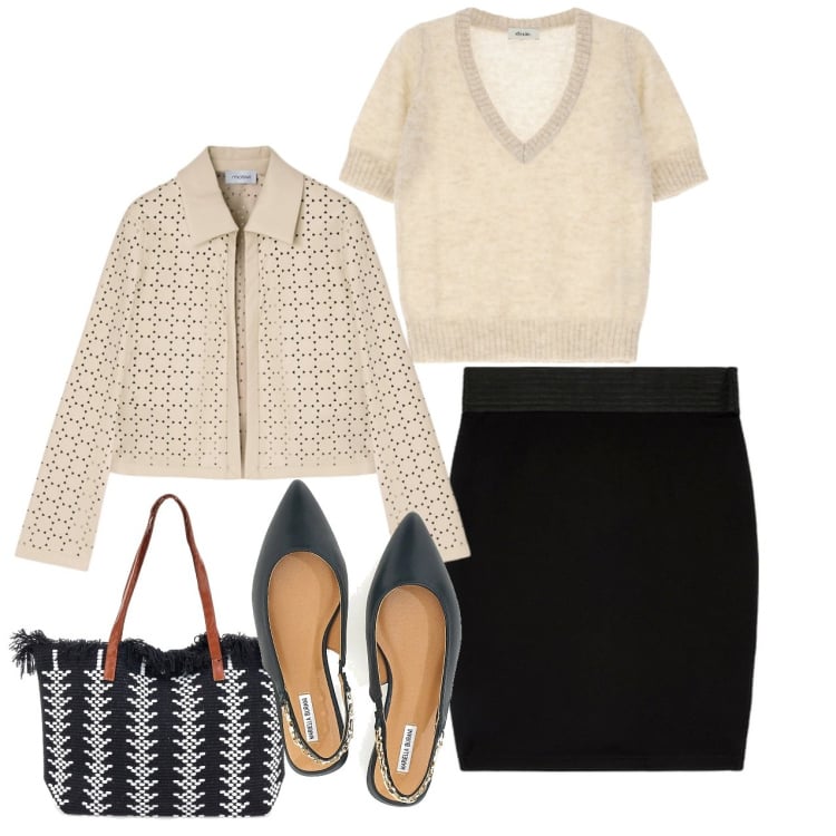 Outfit donna - Sabbia e mini nera. Stile Bon Ton per Tutti i giorni. Abbinamento con maglieria, ballerine, borse a spalla, blazer, gonne.