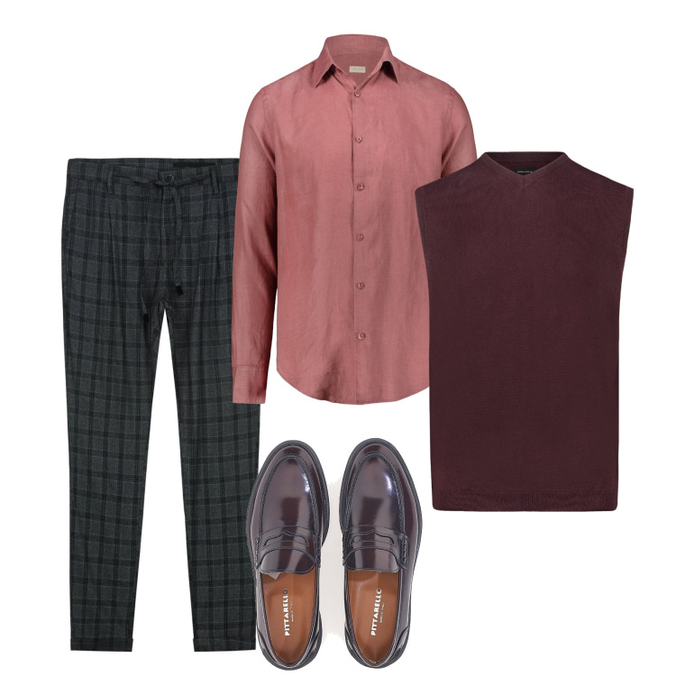 Outfit uomo - Blush. Stile Casual per Tutti i giorni. Abbinamento con pantaloni, camicie, scarpe stringate, gilet.
