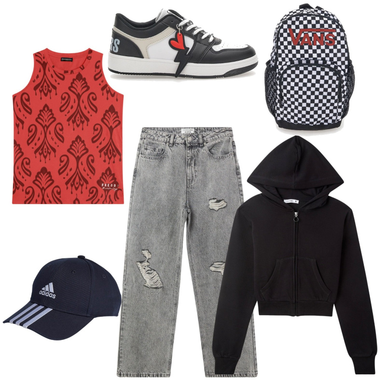 Outfit donna - Gita olin bicicletta. Stile Casual per Sport. Abbinamento con jeans strappati, felpe con cappuccio, canottiere, sneakers, cappelli con visiera, zaini.