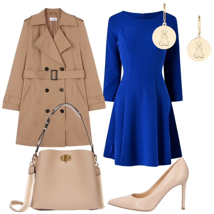 Outfit donna - Total look da città. Stile Romantica per Tutti i giorni. Abbinamento con décolleté, vestiti, orecchini, trench, borse a secchiello.