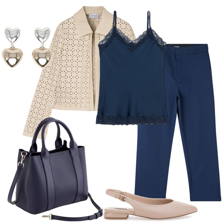 Outfit donna - Ballerine nude. Stile Casual chic per Ufficio. Abbinamento con pantaloni chino, orecchini, ballerine, top, blazer, borse a mano.