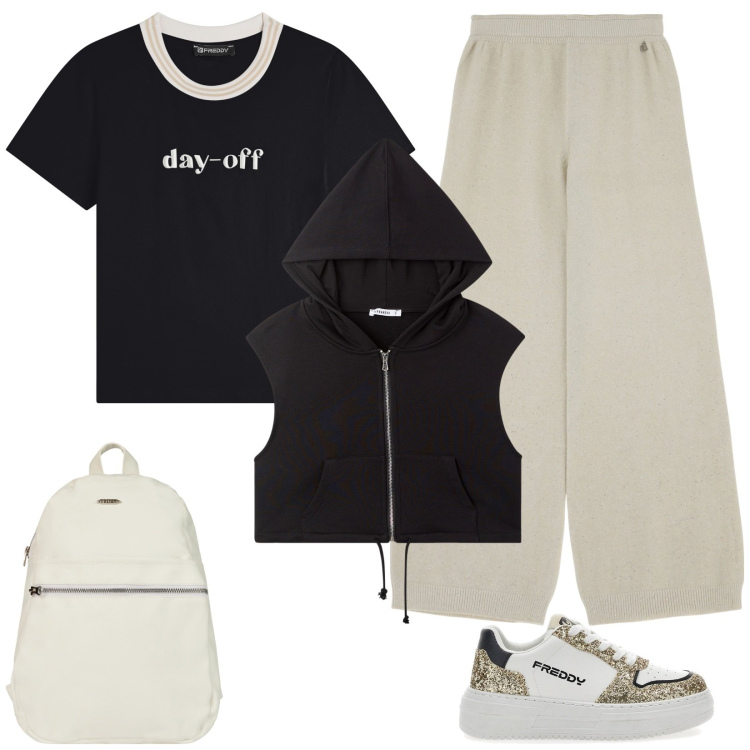 Outfit donna - Gita fuori porta. Stile Basic per Tutti i giorni. Abbinamento con felpe con cappuccio, t-shirt, zaini, pantaloni, sneakers.